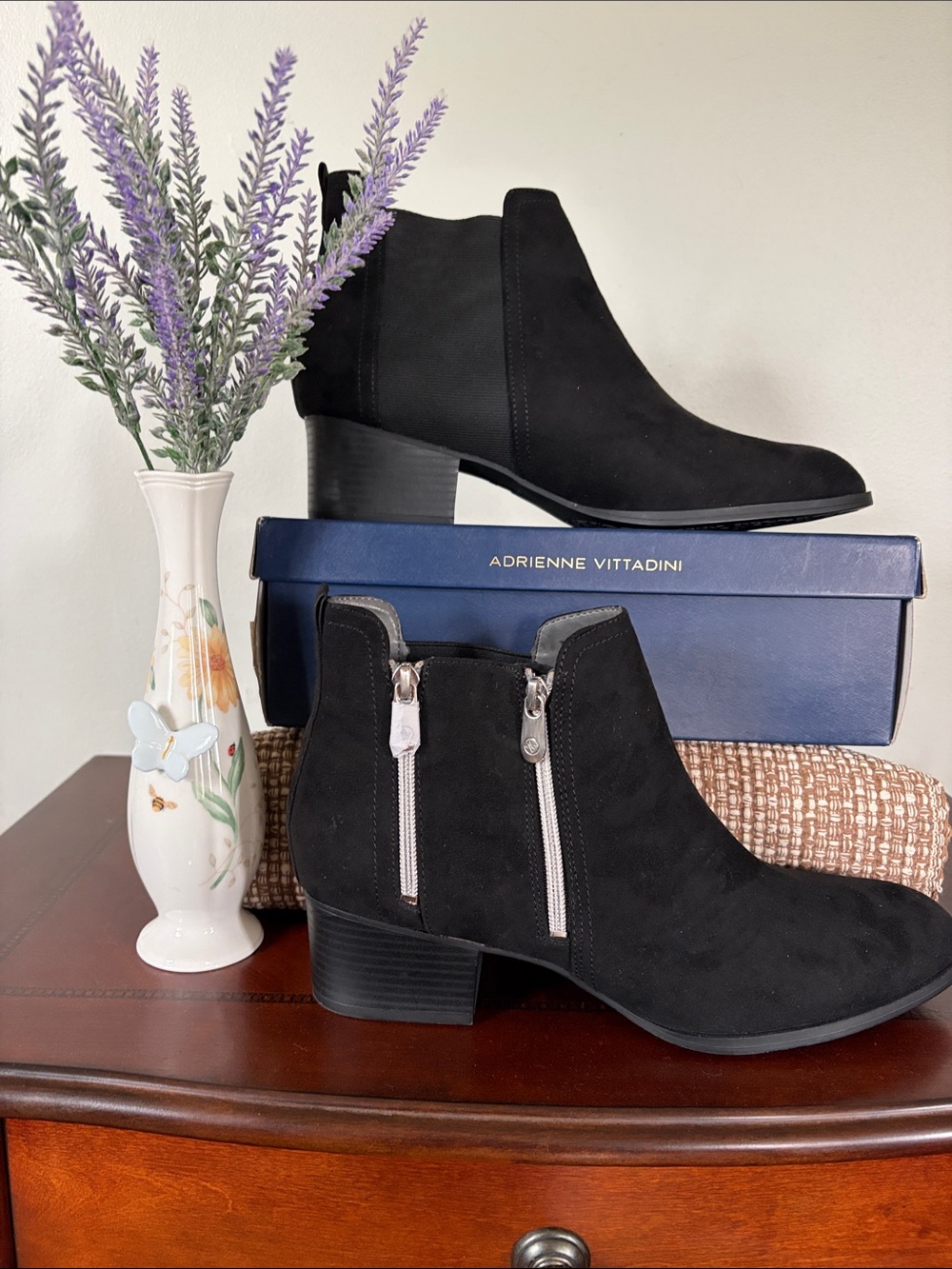 Adrienne Vittadini Ravi Black Suede Dual-Zip Ankle Booties 11